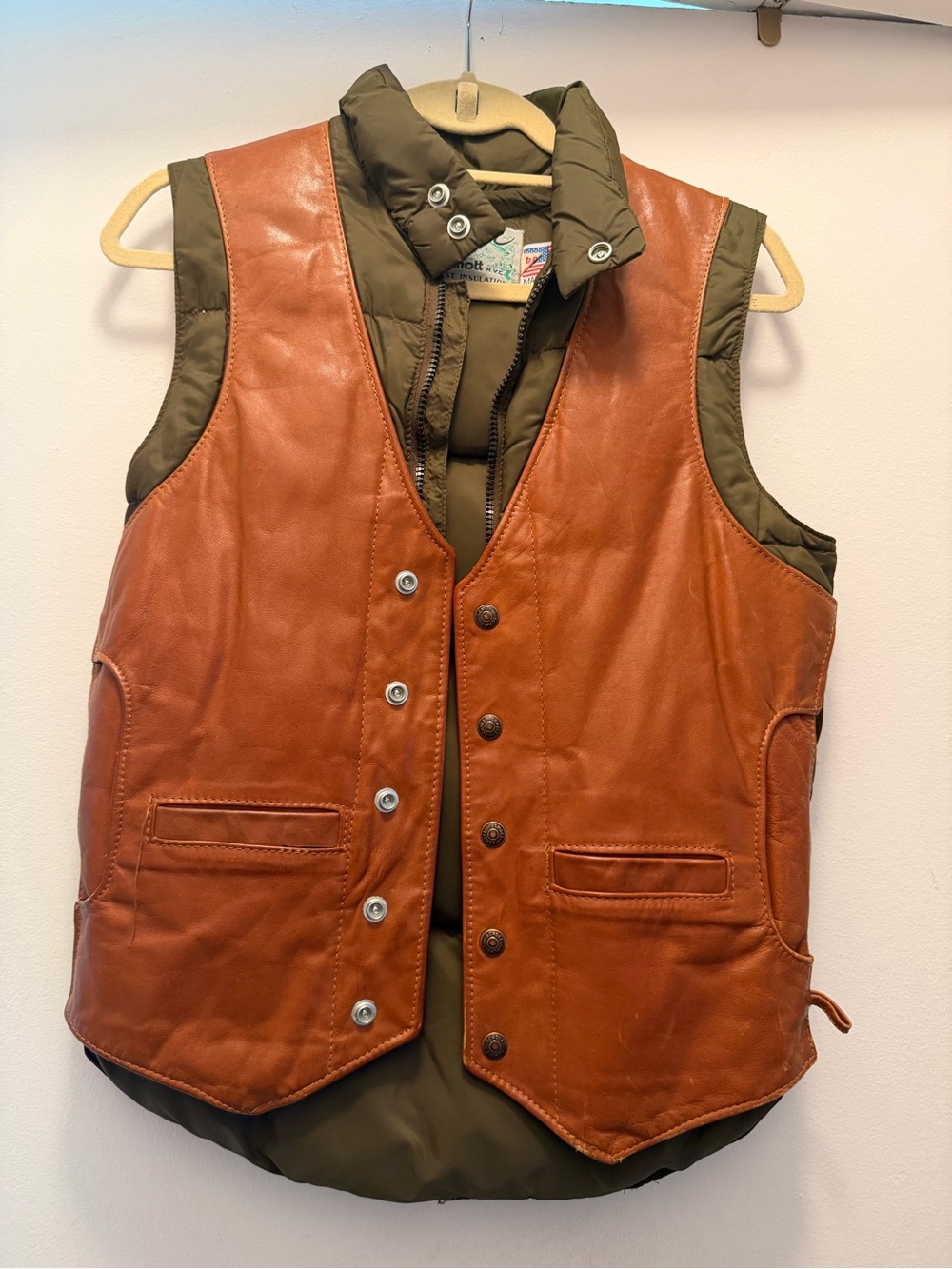 Schott NYC Brown Leather Vest with Olive Quilted Liner